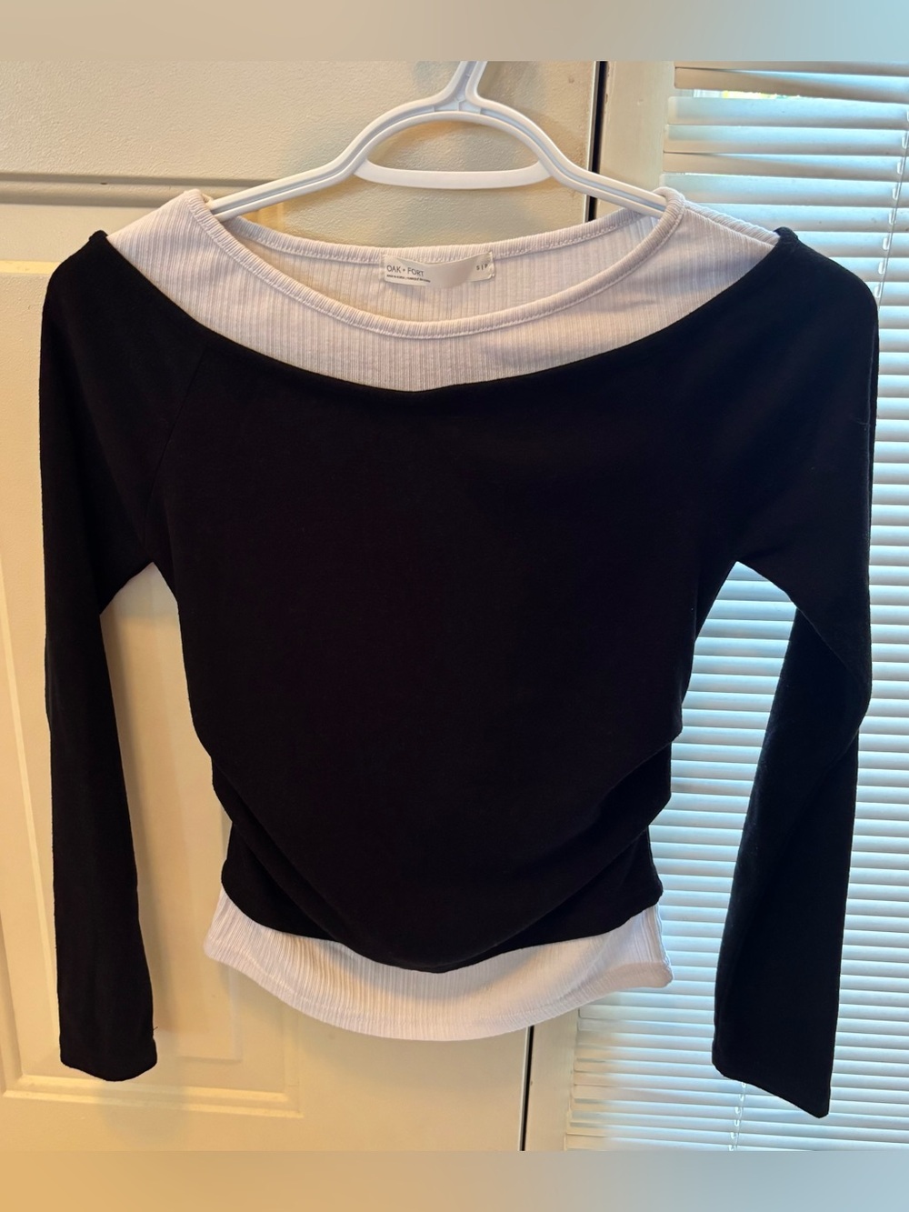 Oak + Fort Black and White Long-Sleeve Layered Boatneck Top